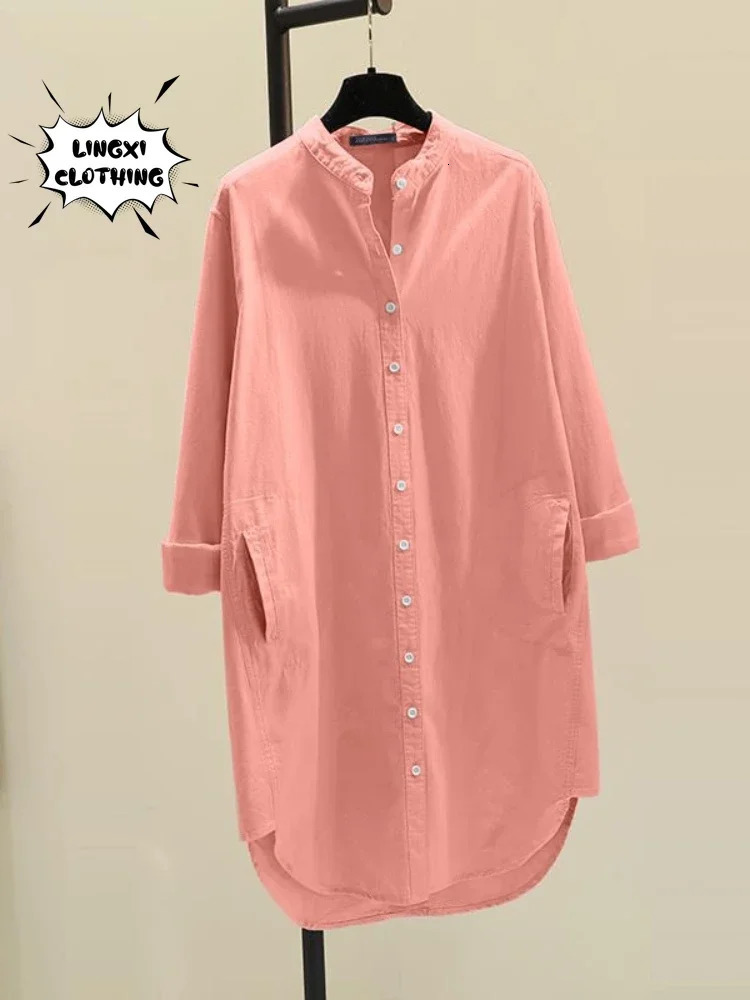 Fashion Elegant Solid Cotton Linen Womens Shirt Single Breasted Round Neck Casual Style Mid Length Shirt 250402