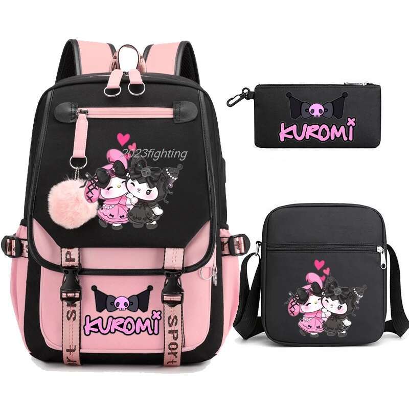 3Pcs Lovely Kuromi Melody Backpacks Women Men Patchwork Bookbag Sport Rucksack For Girl Bagpack Laptop Teens Travel Schoolbag