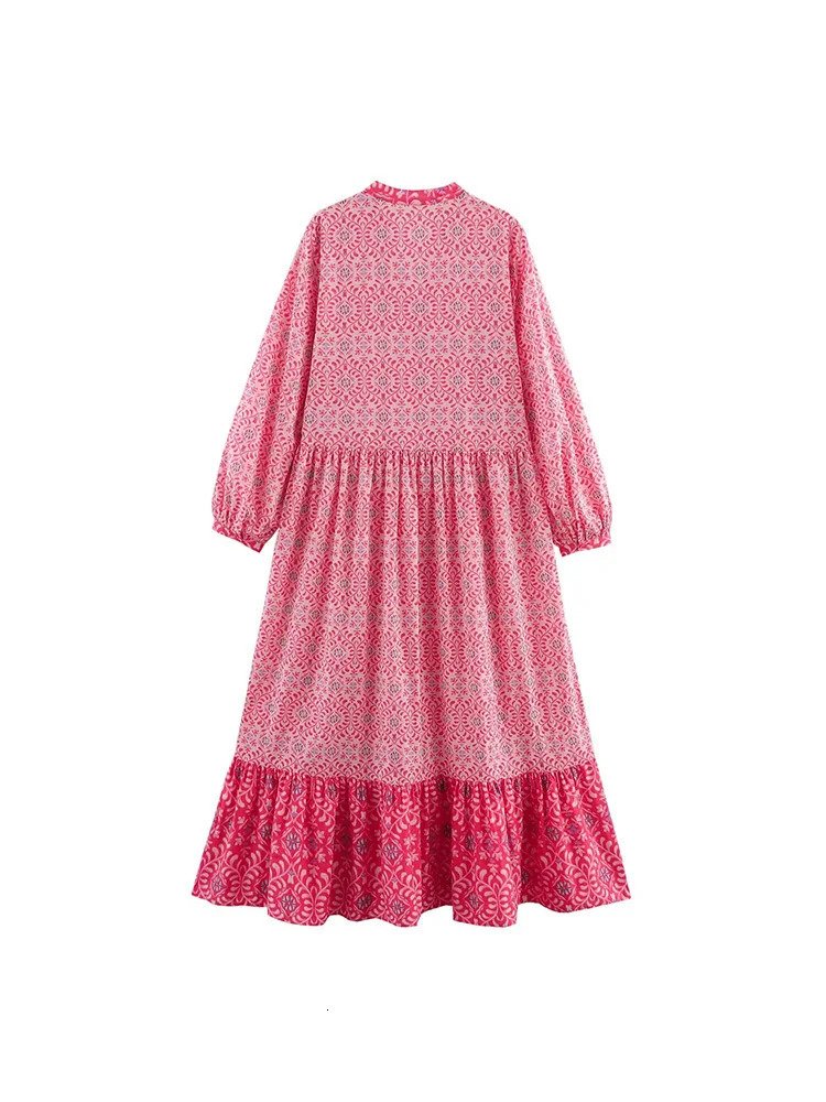 Womens Summer MIDI Dress Retro Printed V-neck Loose Long Sleeve Elegant Womens Wear 250401