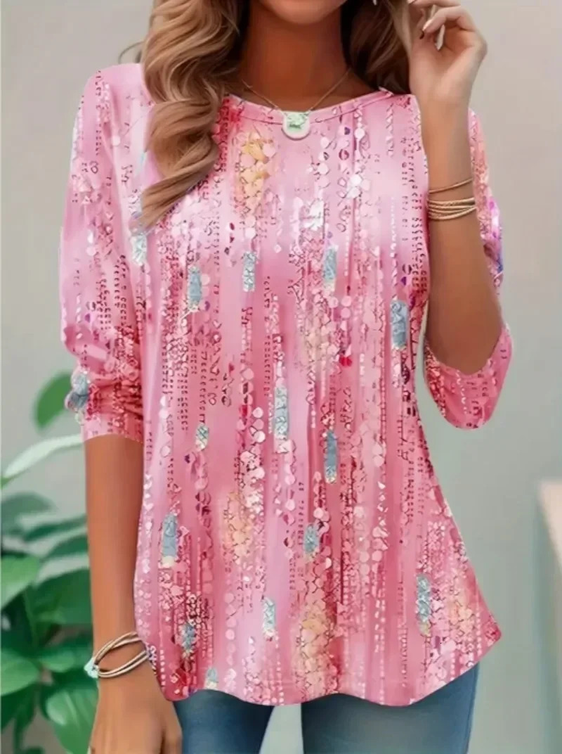 Womens plus size 1XL5XL fashionable quarter sleeve round neck Tshirt for womens casual spring and summer fashion 250407