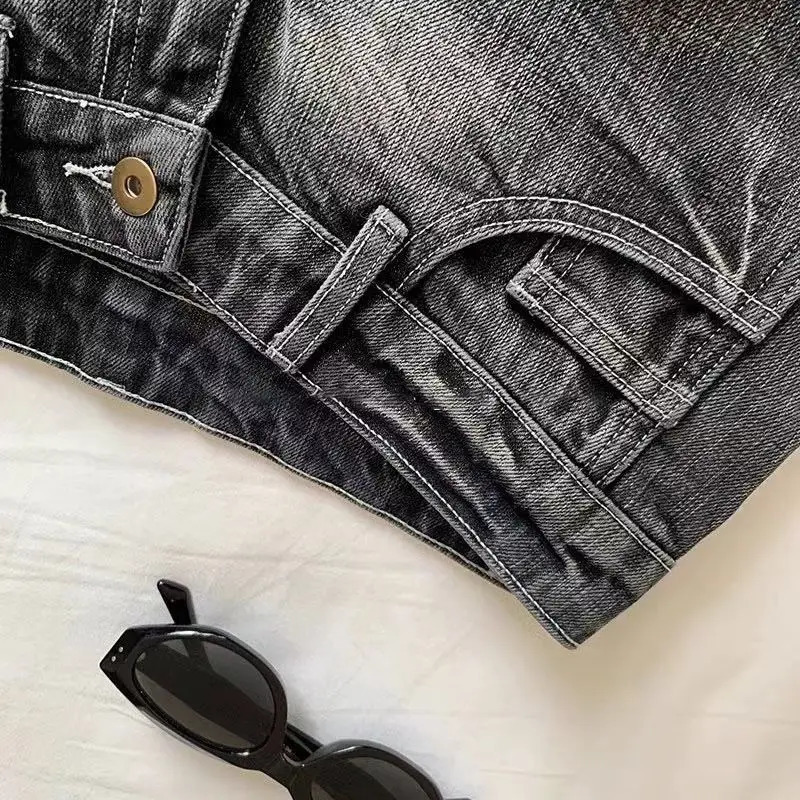Vintage Denim Shorts Women Summer Black Grey Washed Low Waist Elastic Skinny Shorts Jeans 250407