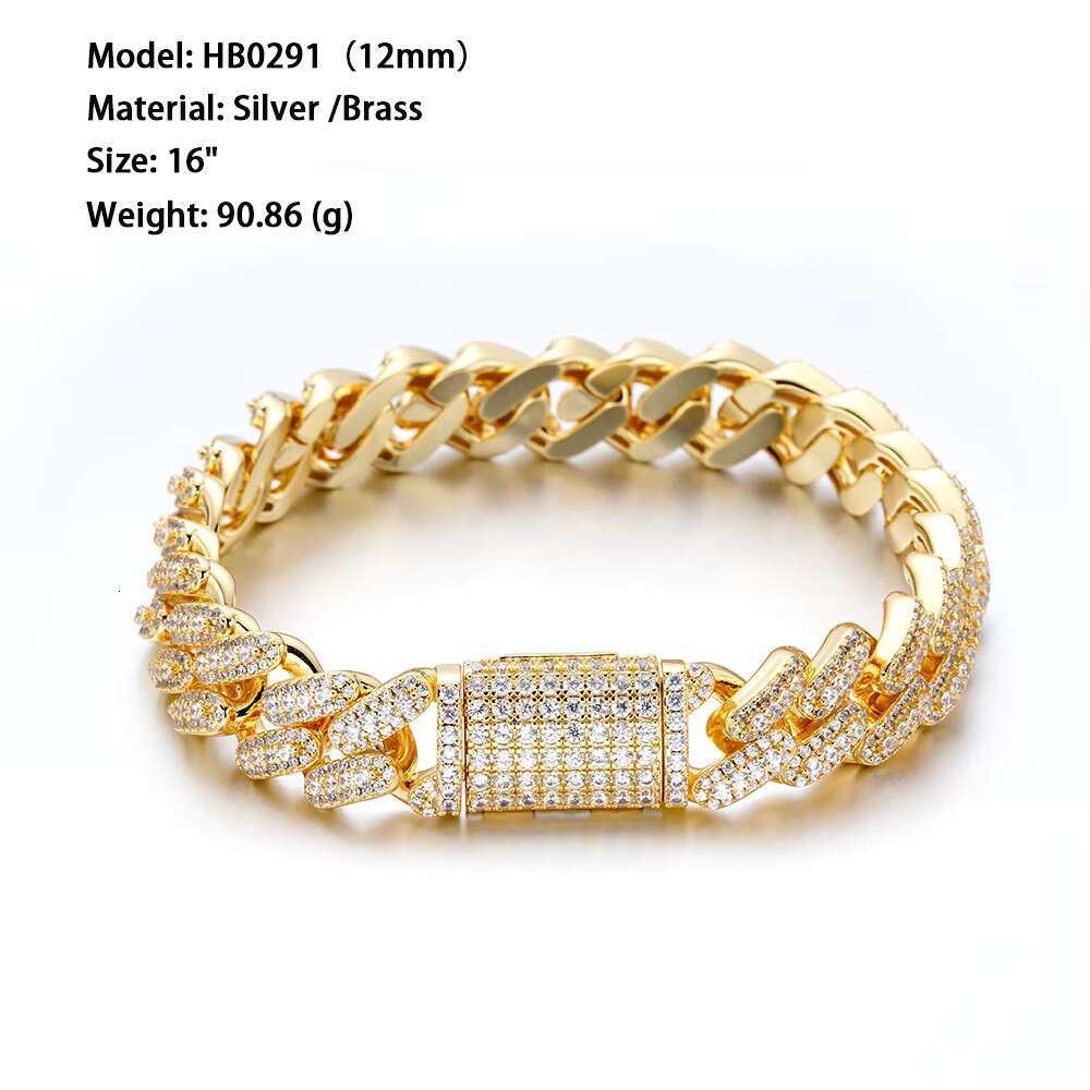 Fashion Hip Hop Jewelry Custom 925 Sterling Silver Iced Out 12mm CZ Diamond Cuban Link Bracelet