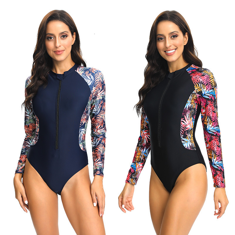 New one-piece long sleeved printed zipper tight triangle pants surfing suit swimsuit for women
