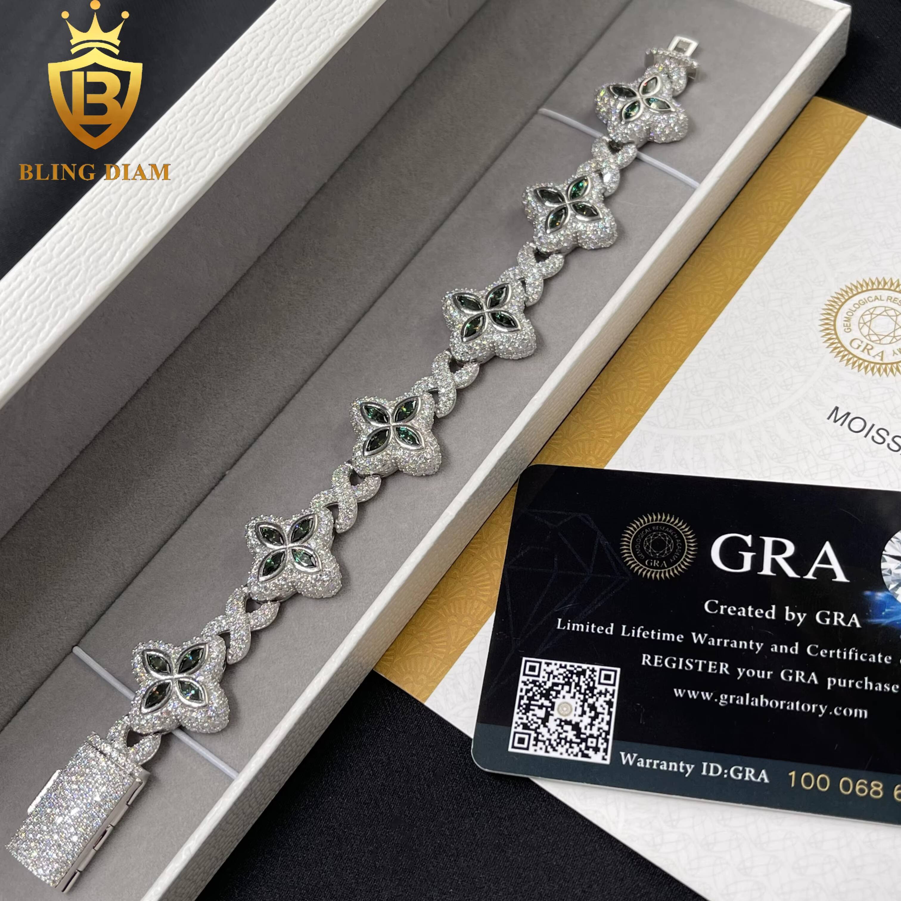 Hot Selling Design Hip Hop Jewelry Iced Out Marquise Cuban Link Chain VVS Moissanite Four-Leaf Clover 18mm Bracelet