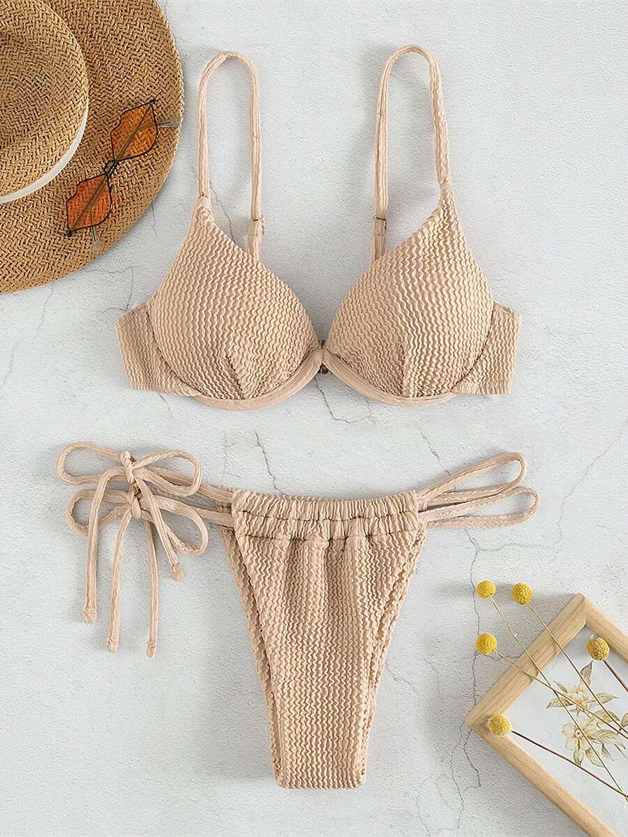 Dongdumaoyi Sexy Brown Bikini Women Push Up Underwire Ribbed Micro Swimwear Brazilian Cut Out Bathing Suit Tie Side Thong Swimsuit