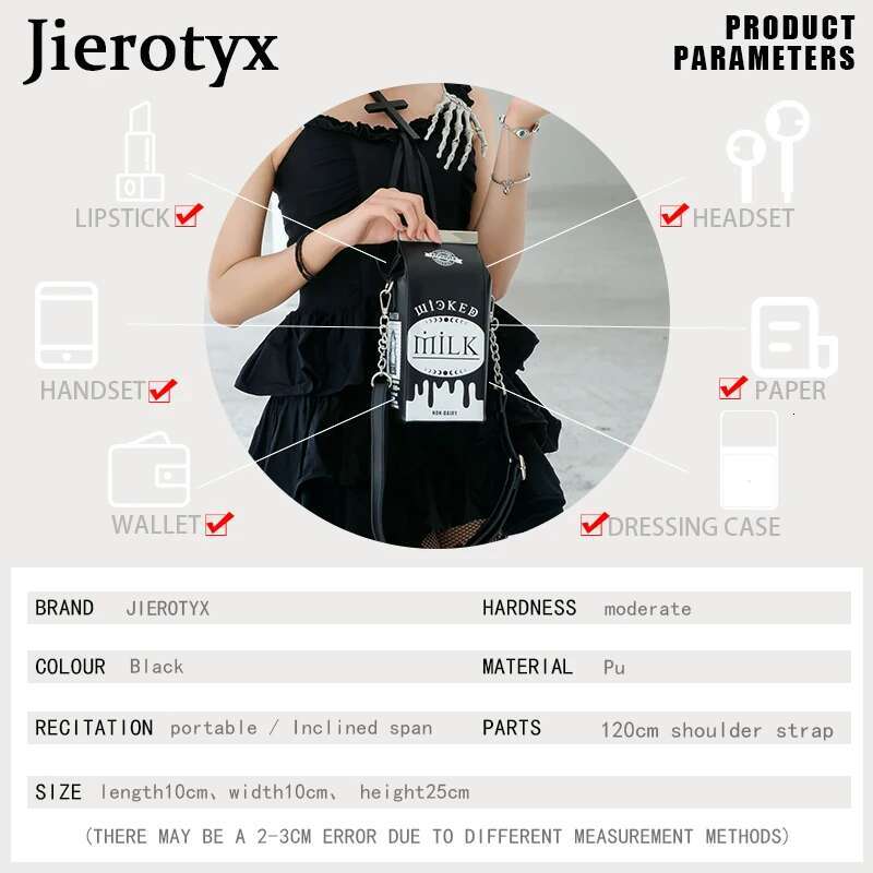 JIEROTYX Milk Box Purses And Handbags For Women Black Haruku Style Female Shoulder Bags Punk Clutch With Chain Gothic Dark