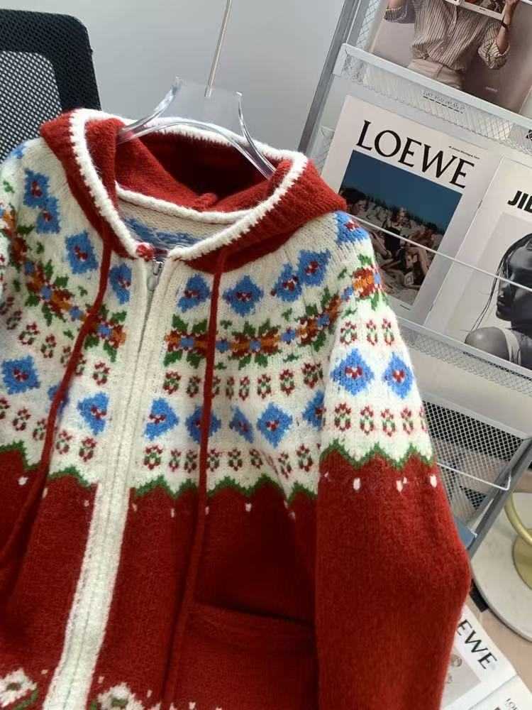 Autumn Winter Red THiCK Sweater Coat Women Christmas Fair Isle Jacquard Hooded Knitted Cardigan Warm W251107
