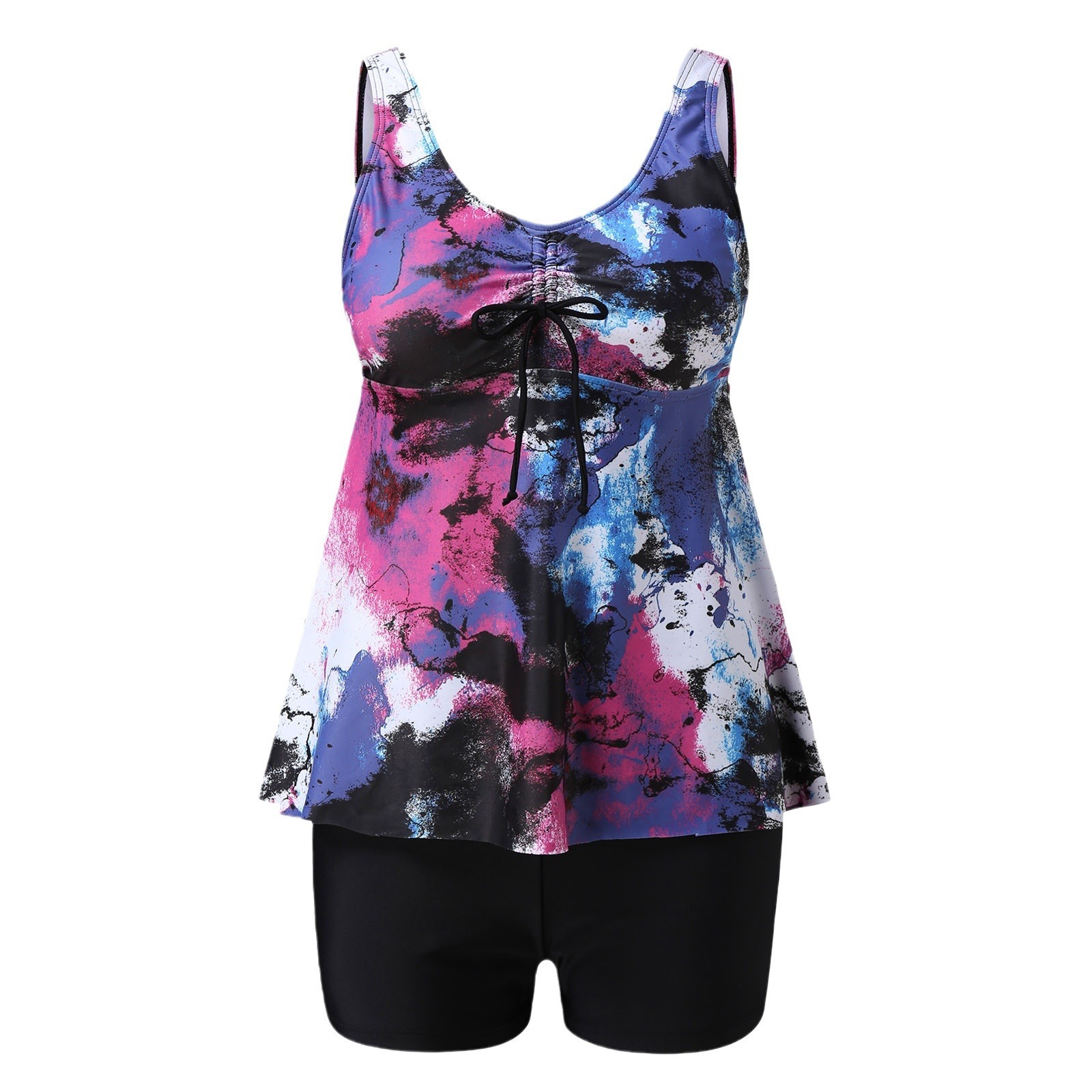 Floral print skirt style split chest drawstring gathering design, independent and conservative boxer shorts swimsuit