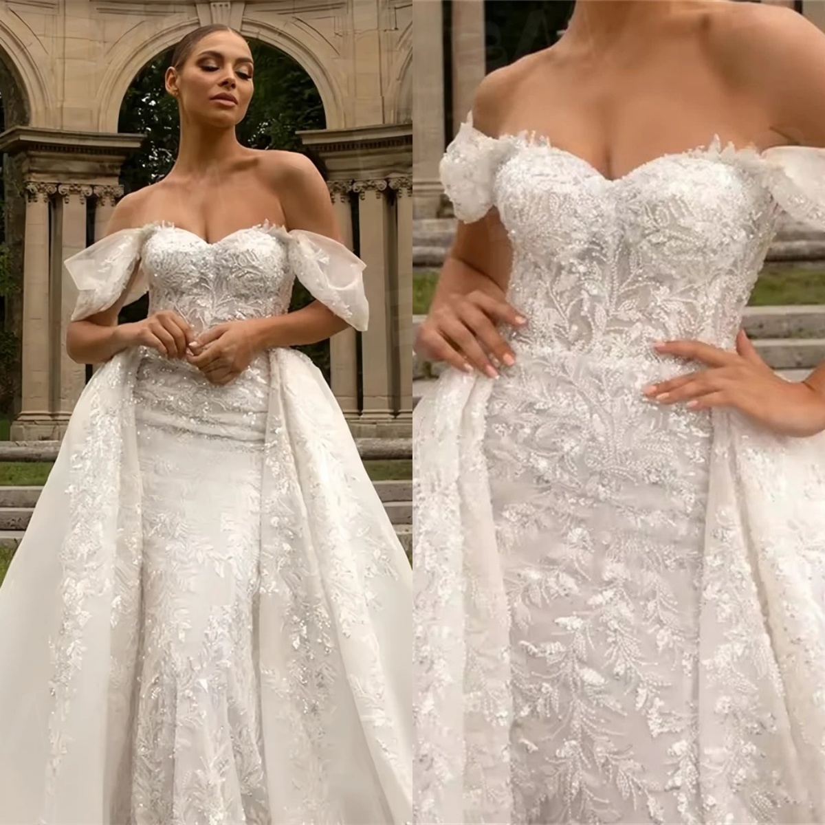Classic A Line Women Wedding Dress Sweetheart Neck Off Shoulder Bridal Gowns Sequins Appliques Detachable Train Dress Custom Made