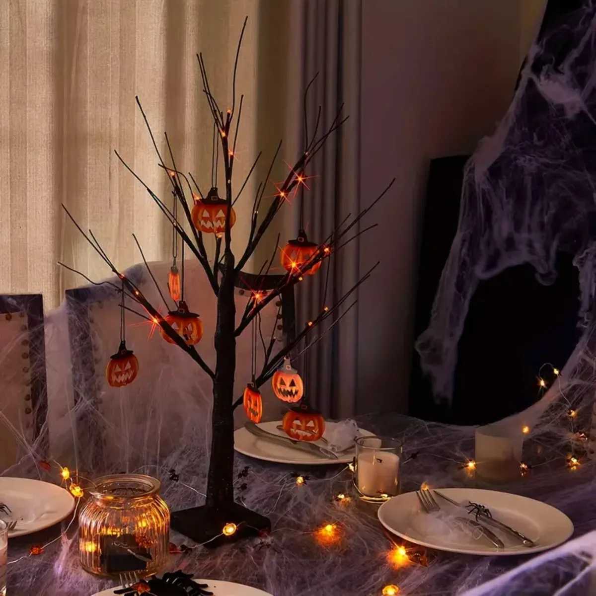 1pc 24 LED Orange And Purple Lighted Halloween Artificial Birch Tree Light DIY Black Branches Lights Tabletop Halloween Spooky W251107