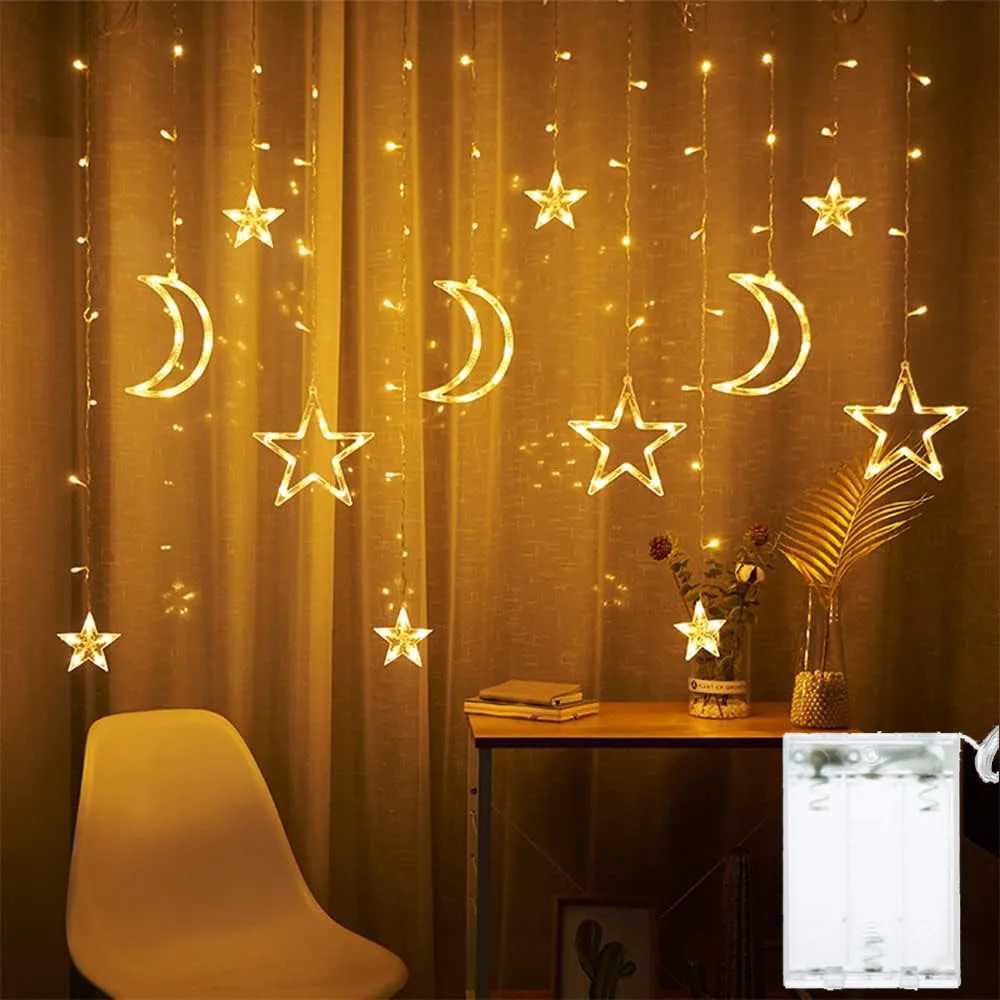 35m Star Moon LED Curtain String Light Battery Power Christmas Garland Fairy Lamp for Outdoor Garden Wedding Xmas NewYear Decor W251107