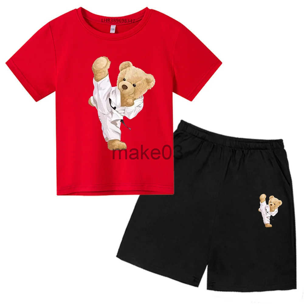Kung Fu Bear T-Shirt set Boys Girls Short Sleeve Suitable for Kids Tops+shorts Clothleisure fashion Tshirt Childrens J250403
