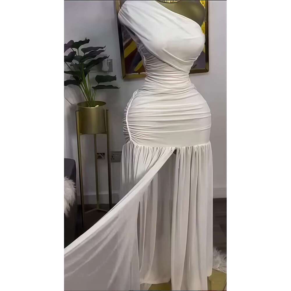 2025 Spring New Solid Color Sleeveless Asymmetrical Neck Ruched Slim Fit Split Long Dress for Women