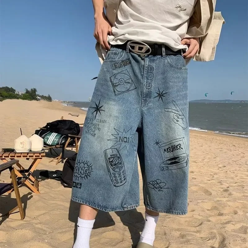 American style retro graffiti oversized mens jeans fashion seven and a half long street summer loose fit casual shorts 250313
