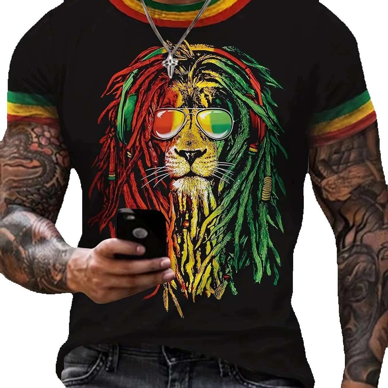 Beautiful 3D printed lion print men's short sleeved round neck T-shirt, soft and breathable, sweat absorbing