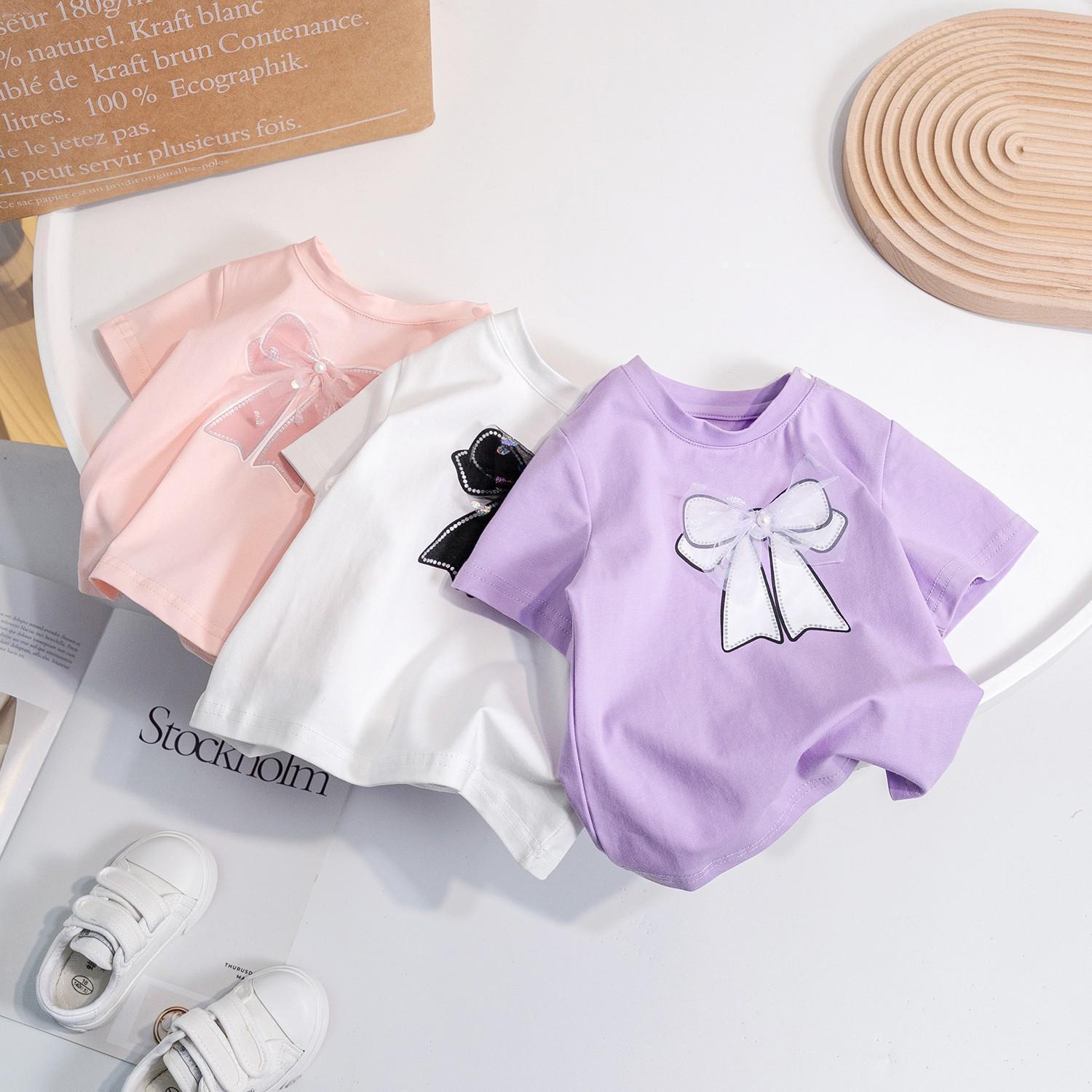 Ddmyshoesvip Buy 1 get 1 free Girls Children S Summer Short Sleeved Candy Colored Simple Mesh Bow Sweet T Shirt