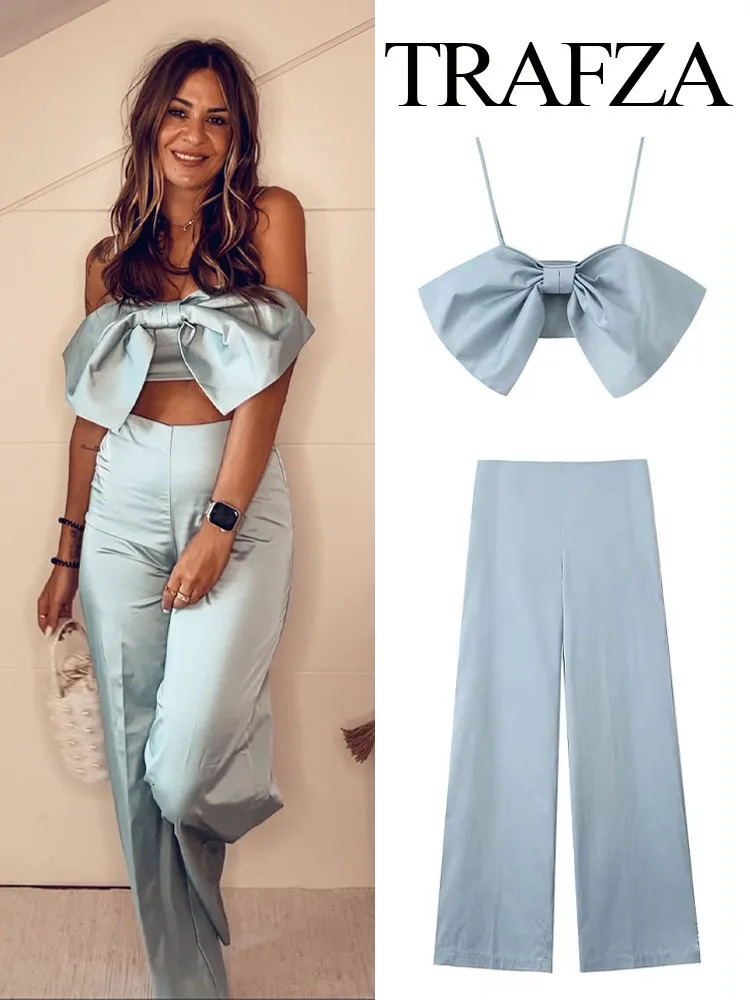 TRAFZA womens elegant and sexy sleeveless strapless pendant short topcasual ultrathin back pocket side zipper wide leg pants 2piece set 250407