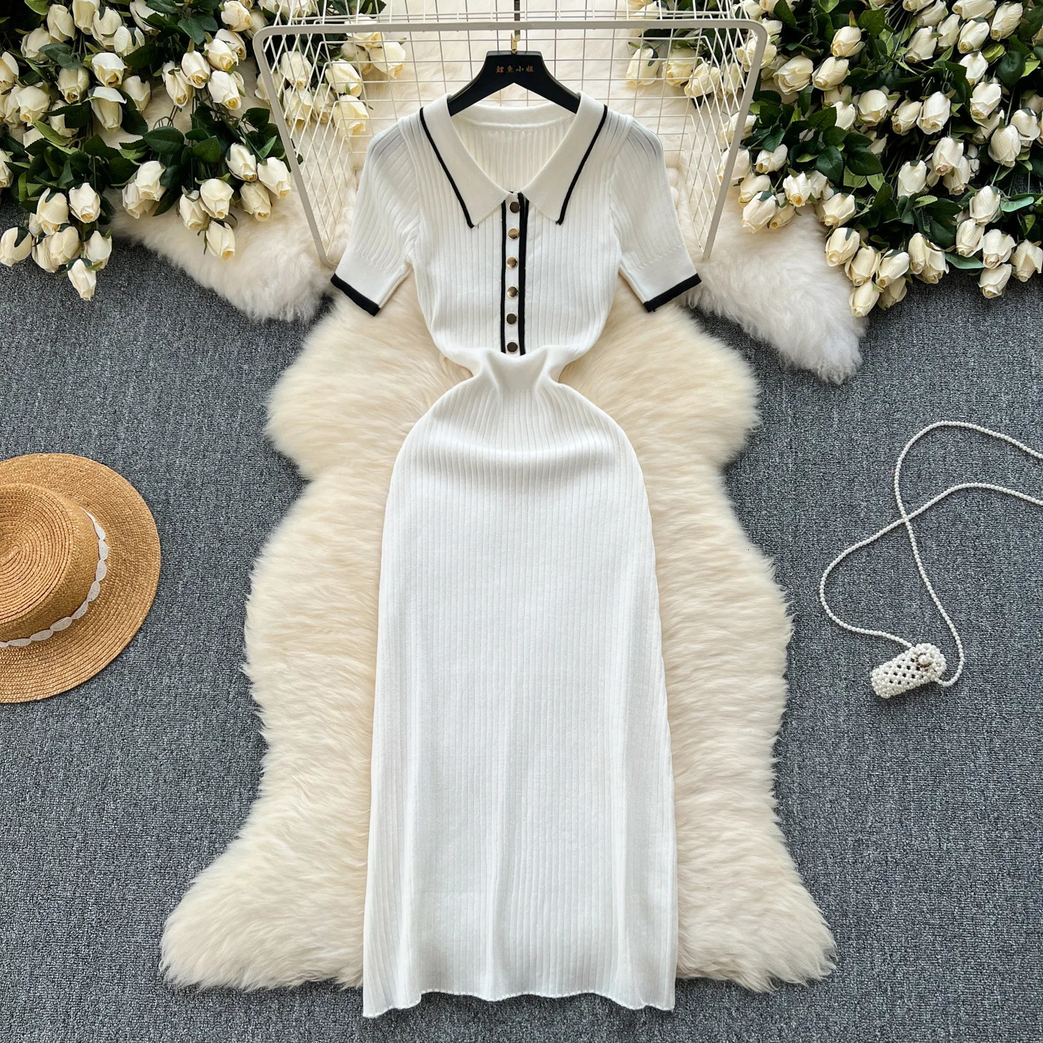 EFT Summer Womens Polo Knitted Dress Color Lock Elegant Short Sleeve Button Body Wrap Dress 250402