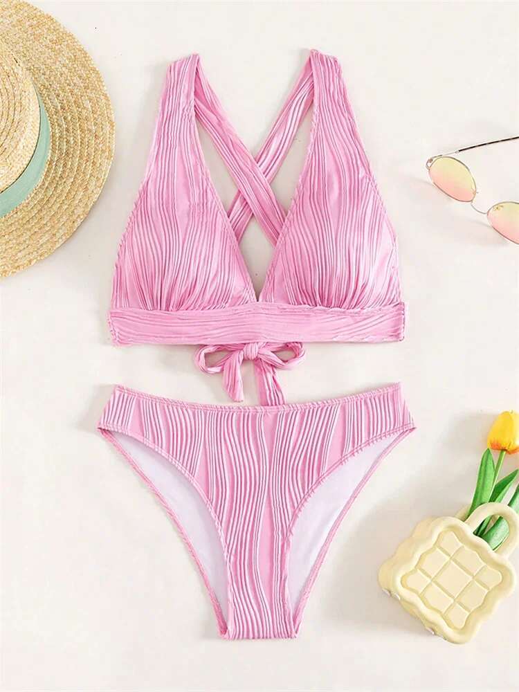 Dongdumaoyi Sexy Push Up Bikini Set Swimsuit Women S Pink Ribbed Pieces Swimwear V Neck Lace Beach Bathing Suit High Waist Bikinis