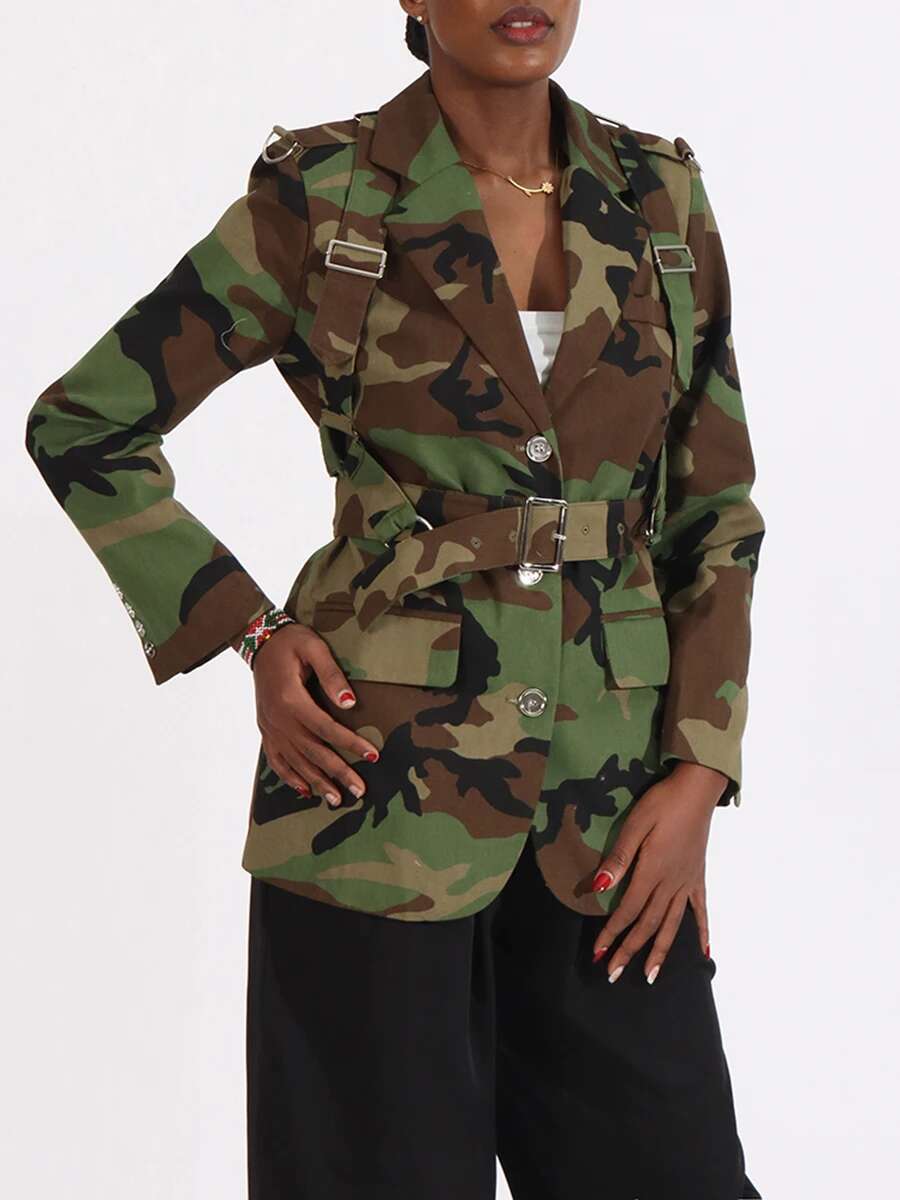 VGH Hit Color Camouflage Spliced Belt Jackets For Women Notched Collar Long Sleeve Patchwork Button Casual Coats Female Style