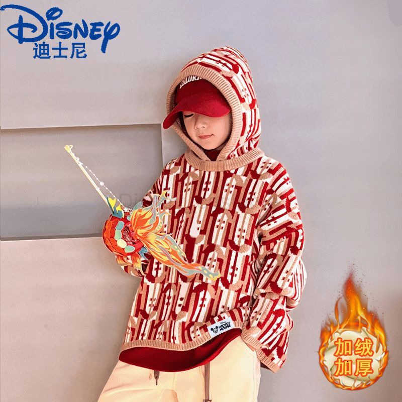 Disney Red 2025 New Year Childrens New Sweater Korean Style Winter Big Kids Crew Neck Base Shirt Boys H251107