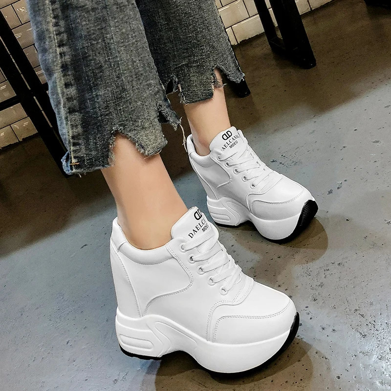 Womens Ankle Boots 2024 Spring Leather Chunky Shoes Woman Platform Height Increased Sneakers 10CM Thick Sole Wedges White Boots 250402