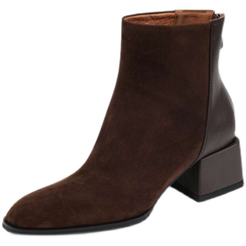 2021 Autumn Winter Women's Square Toe Simple Patchwork Brown Chunky Martin Suede Mid Free shipping Heel Back Zipper Short Boots For Women