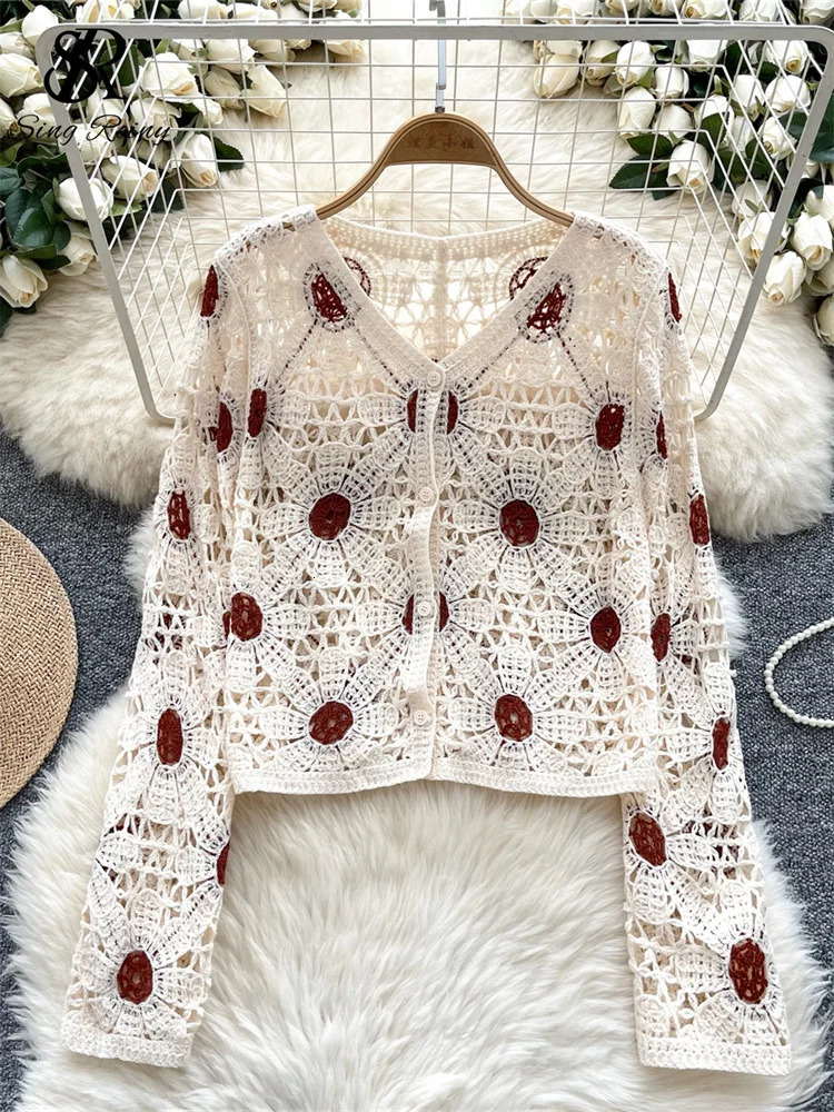 Singreiny Fashion Senior Beach Shirt Single Chest Full Sleeve Loose Coat Hook Flower Hollow Unique Knitted Casual Top 250407