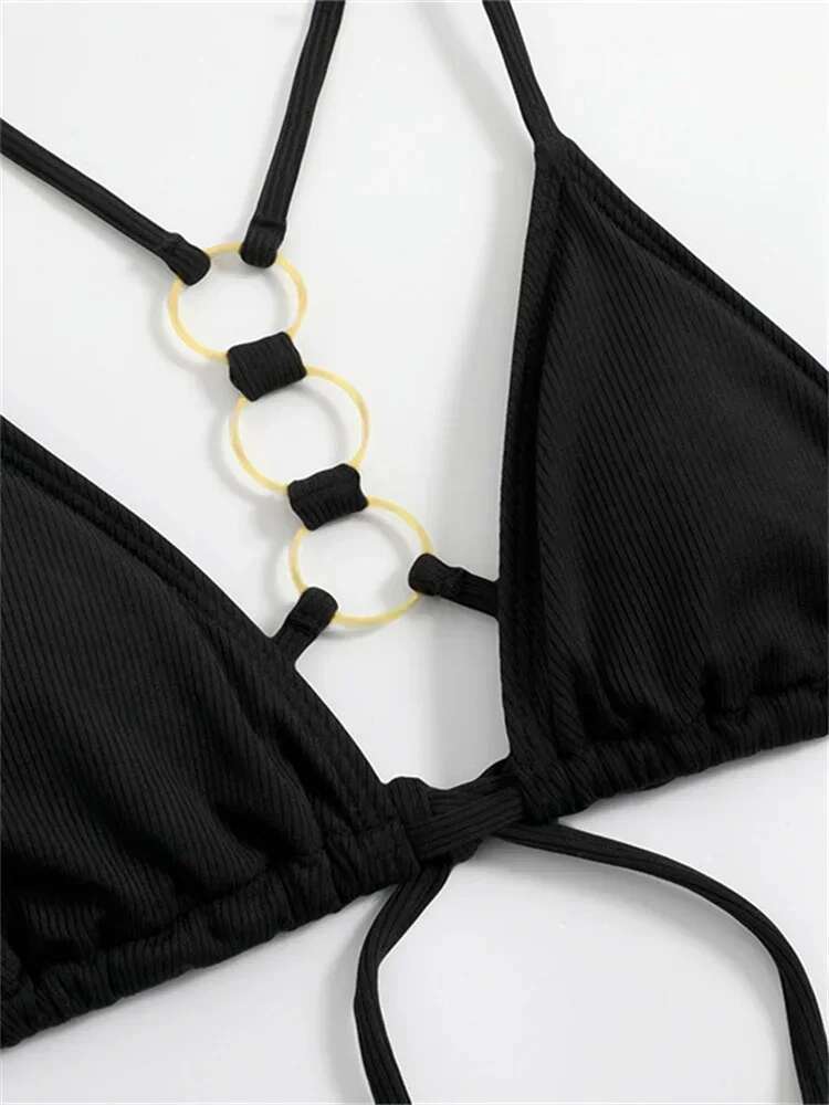 Dongdumaoyi Sexy Tie Side Thong Bikini Set Women Black Ring Linked Cut Out Lace Up Micro Swimsuit Bathing Suit Push Mini Swimwear