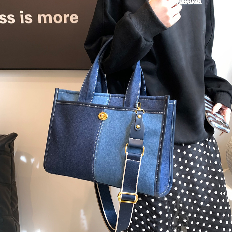 2025S Designer Women S Bag Denim Handheld Women S New Fashionable Color Contrast Splicing Single Shoulder Crossbody Commuter Leisure Tote Bag