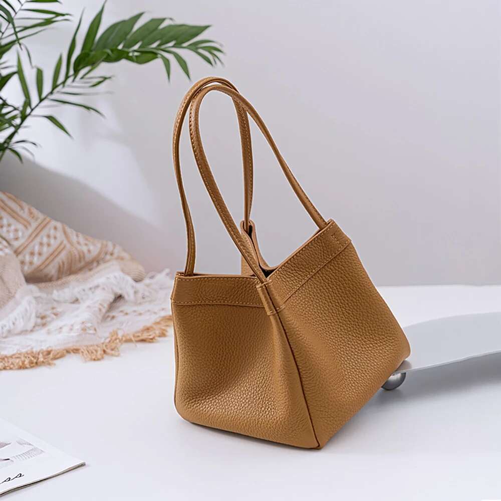 Genuine Leather Women Shoulder Color Fashion Female Square Bucket Purse Solid Versatile Top Handle Underarm Cowhide Tote Bag