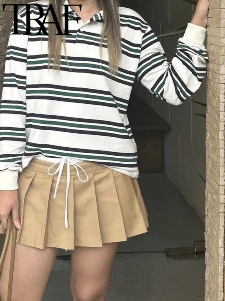 TRAF ROBE Y2K Womens Casual Tshirt Summer Short Sleeve Striped Printed Polo Neck Loose Thin Top Zipper 250407