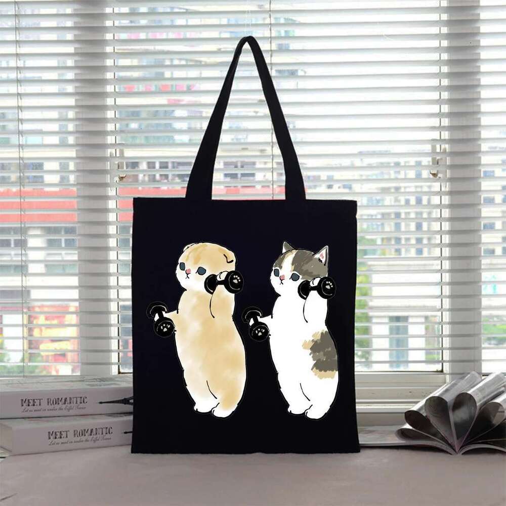 Printed Canvas Cat Tote Haruku Shoulder Shopping Bag Women Cute Kitten-Themed Eco-friendly Handbag
