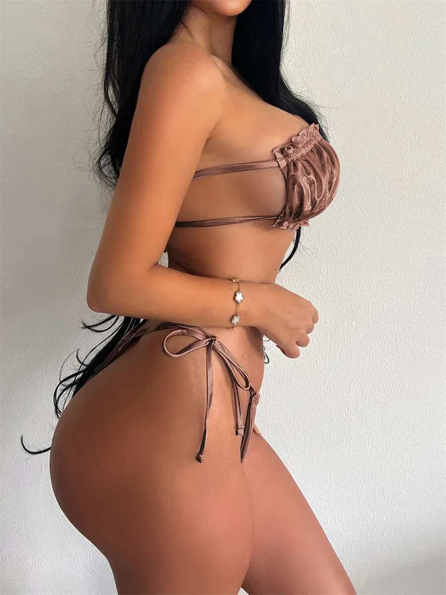 Dongdumaoyi Sexy Bandeau Bikini Women Silver Brozing Pleate Cut Out Push Up Micro Swimsuit Summer Bathing Suit Tie Side Thong Swimwear