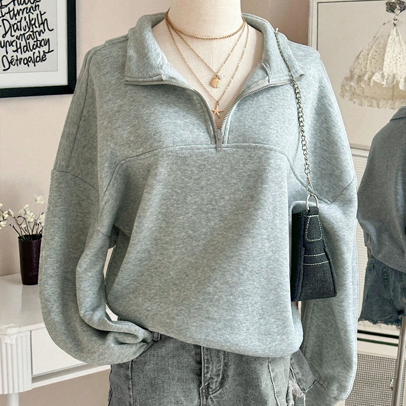 Women's new solid-color sportswear top, versatile gray color, with added insulation, pullover with turned-up collar, half-open front---SSL017