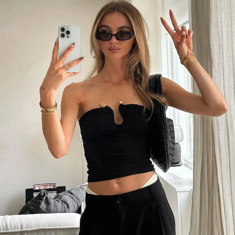 Approban solid wrapped chest metal decoration bare back ultra short top shrink folding agate sleeve single line shoulder vest 250407