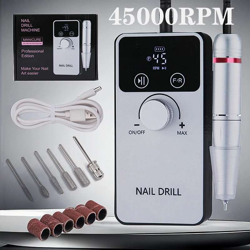 New 45000RPM Professional Electric Drill hine Rechargeable File Nails Accessories Gel Nail Polish Sander Low Noise