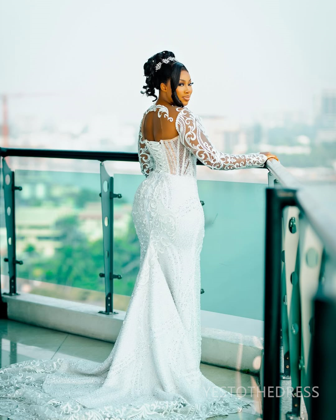 2025 Plus Size Mermaid Wedding Dress For Bride Bridal Gowns Long Sleeves Sheer Neck Long Sleeves Beaded Lace Tiered Tulle Wedding Gowns For African Bl