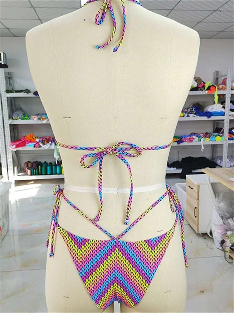 Dongdumaoyi Sexy Neon Contrast Stripe Bikini Women Cut Out Push Up Criss Cross Swimsuit Summer Bathing Suit Tie Side Triangle Swimwear