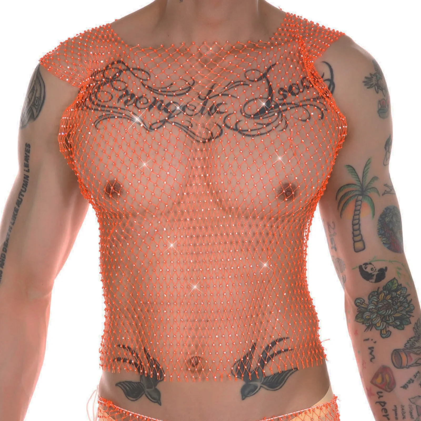 CLEVER-MENMODE Mens Fishnet Sexy Tank Top with Water Diamond Shining Transparent Hollow Tank Top Mesh Sleeveless T-shirt Transparent Clothing 250403