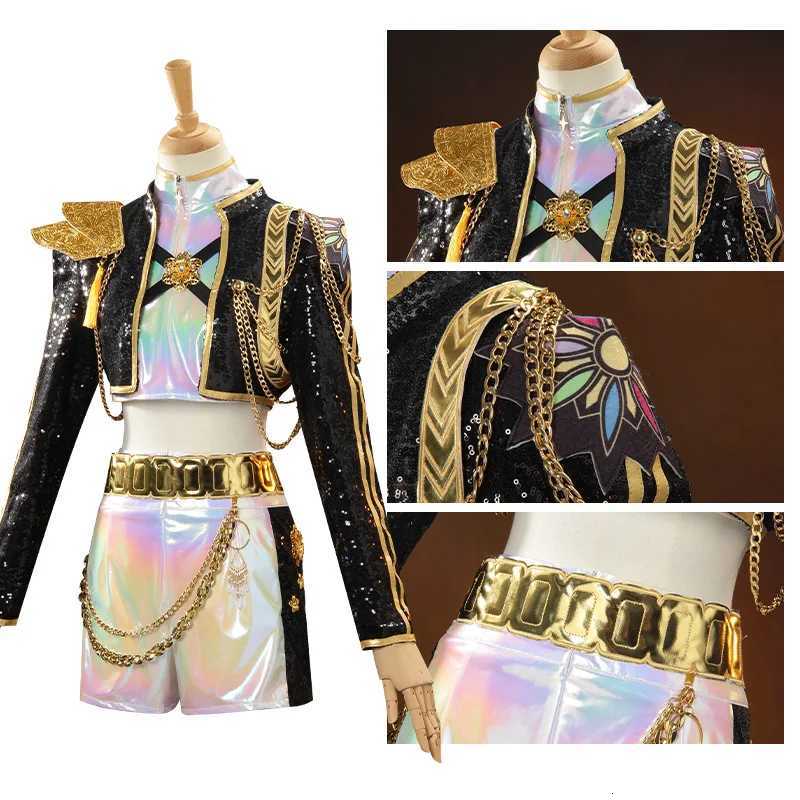 Anime KPop Rumi Cosplay Black Gold Reflective Performance Costume Cosplay Purple Wig Woman Christmas Halloween Party Uniform W251107