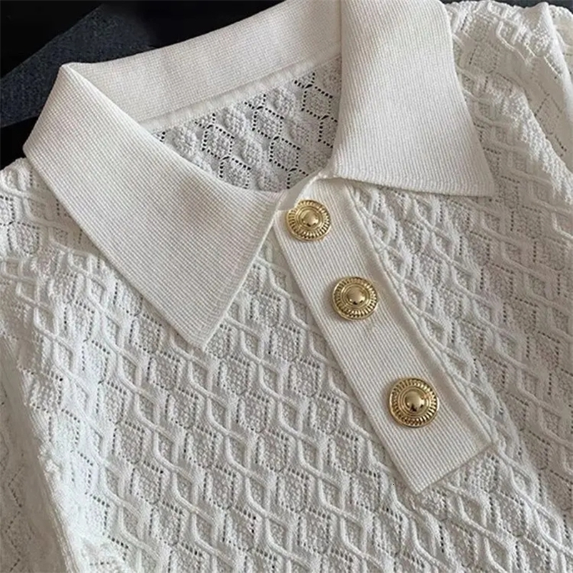 Ice Silk Polo Shirt Knitted Short Sleeve T-Shirt Chic Thin Unique Jacquard Women Tops Korean Style Women Clothing 250403