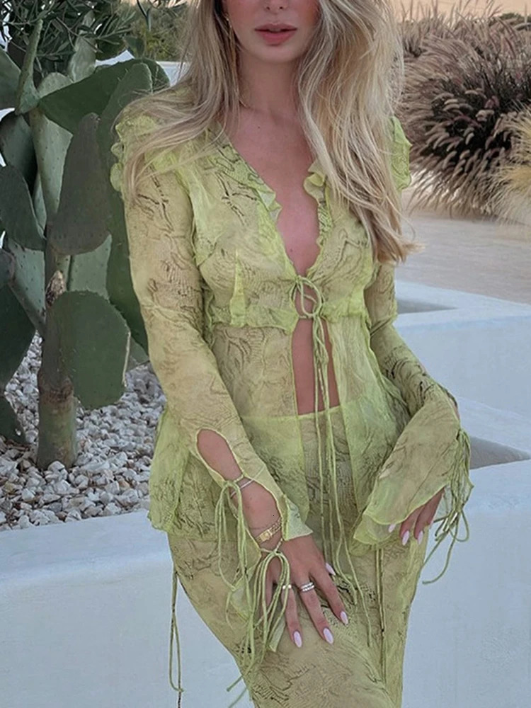 Sexy Chiffon Elegant V Neck Printed Beach Cardigan Shirt Long Maxi Skirt Women Two Piece Set Bandage Ruffles Thin Matching Suit 250313