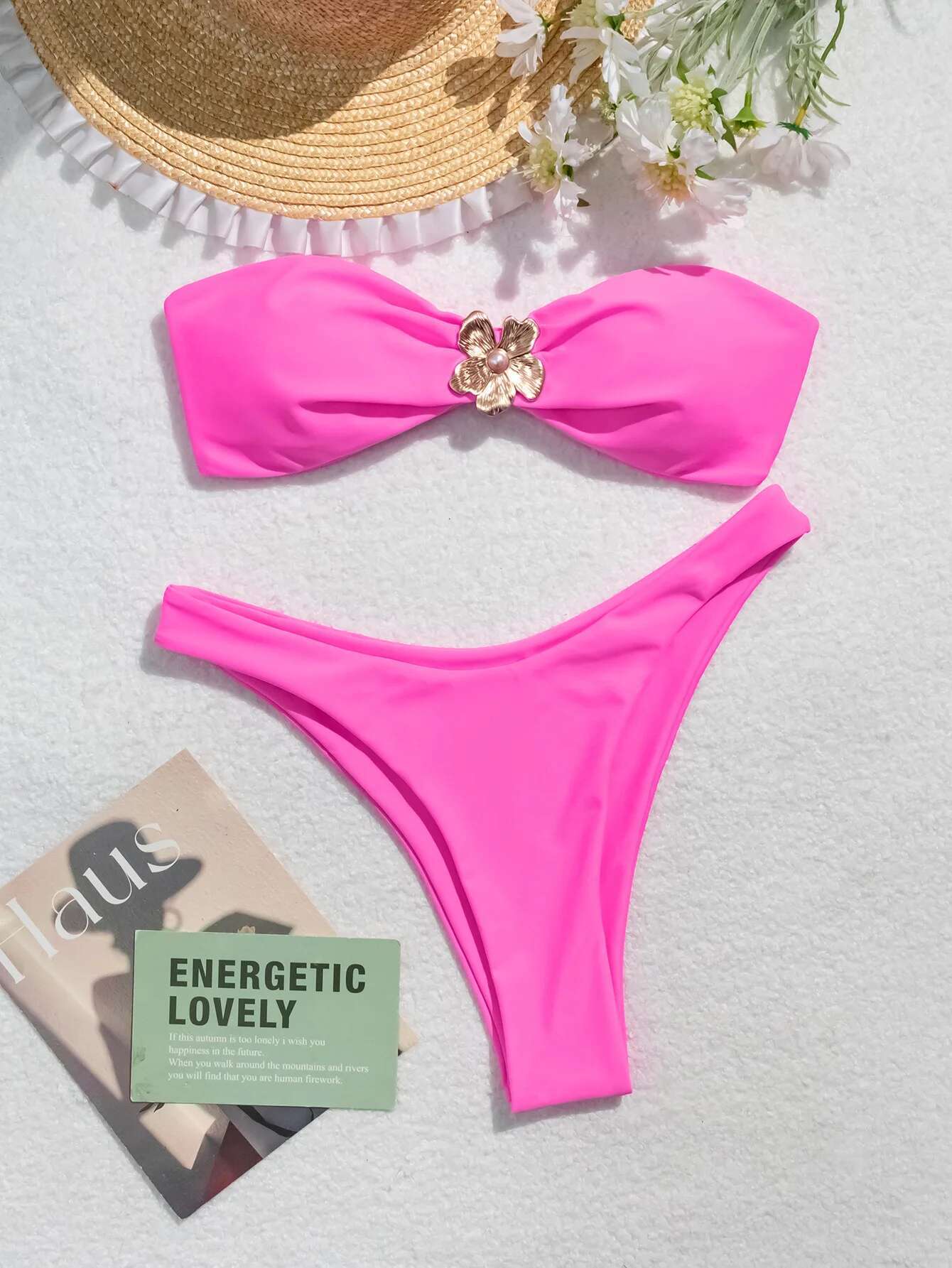 Dongdumaoyi Sexy Bandeau Bikini Women Hot Pink Metal Flower Ornament Push Up Micro Swimsuit Summer Bathing Suit High Waist Swimwear