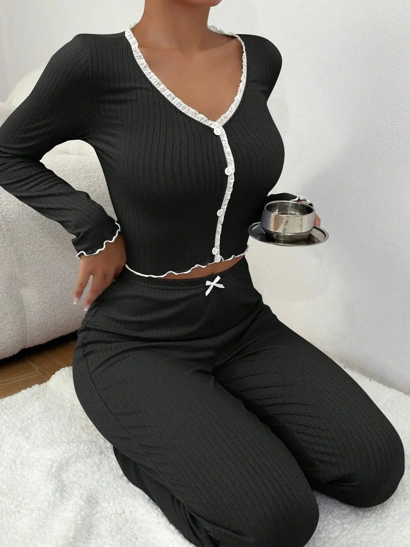 Autumn Winter Womens Pajama Set Long Sleeve Shirt Trouser 2 Sexy Lace Pajamas 250313
