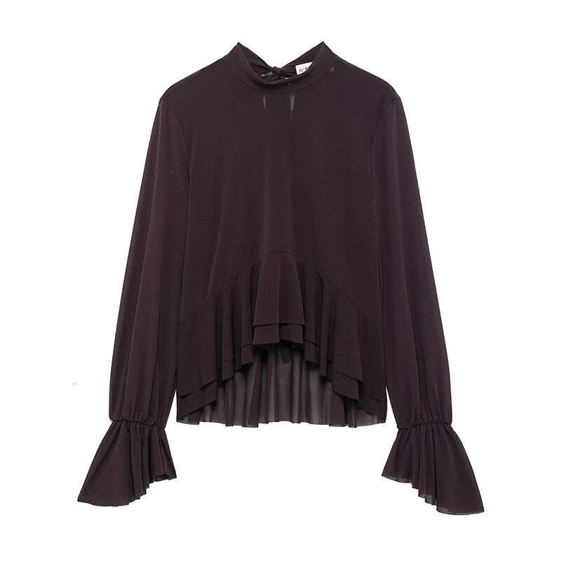 Willshela Women Fashion Brown Back Bow Lace Up Ruffled Pleated Pullover Blouse Vintage O-Neck Female Chic Lady Shirts