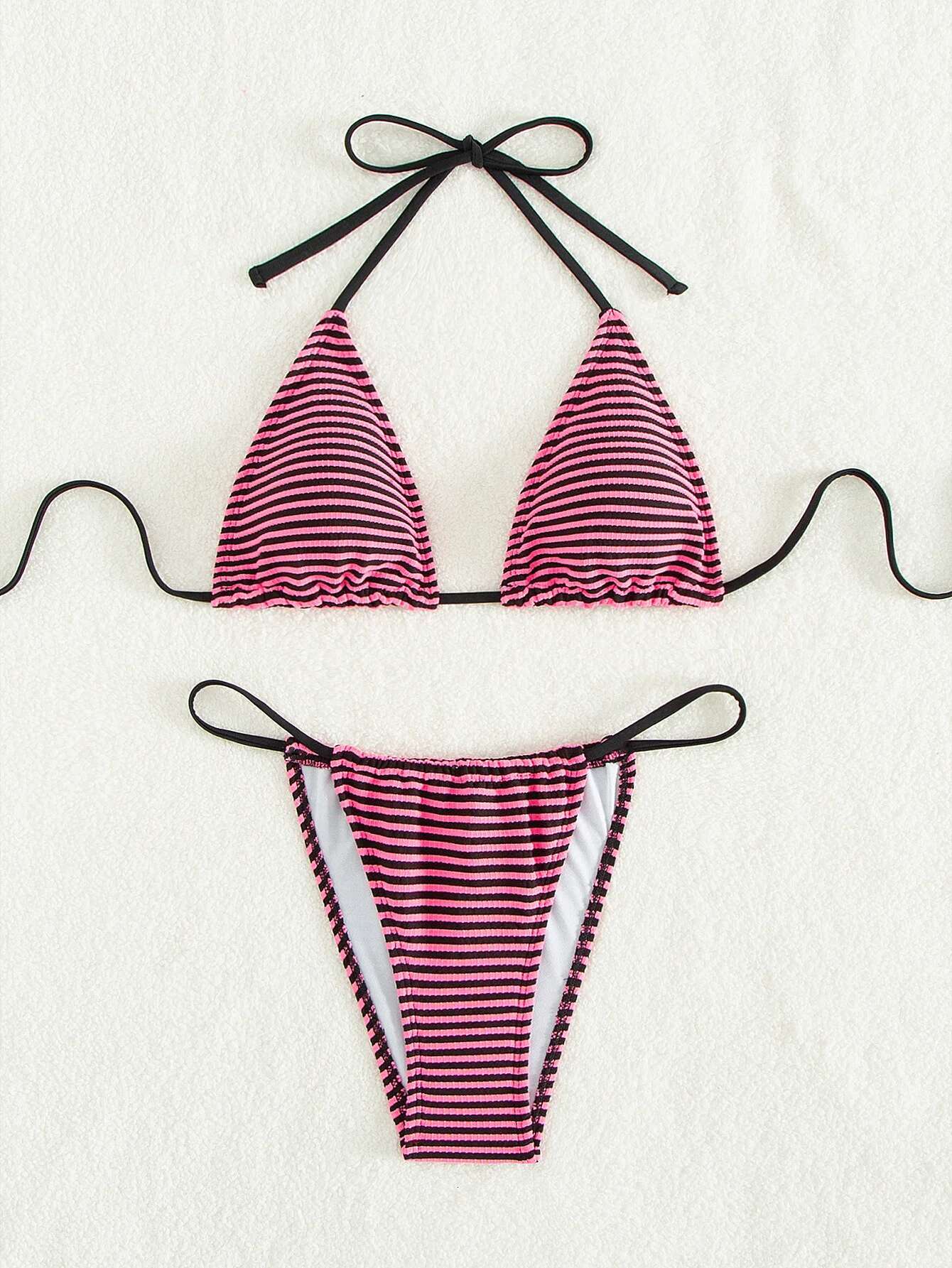 Dongdumaoyi Sexy Purple Striped Micro Bikini Mujer Women Halter Push Up Bra Thong Swimsuit Beach Bathing Suit Swimwear Vacation Outfits