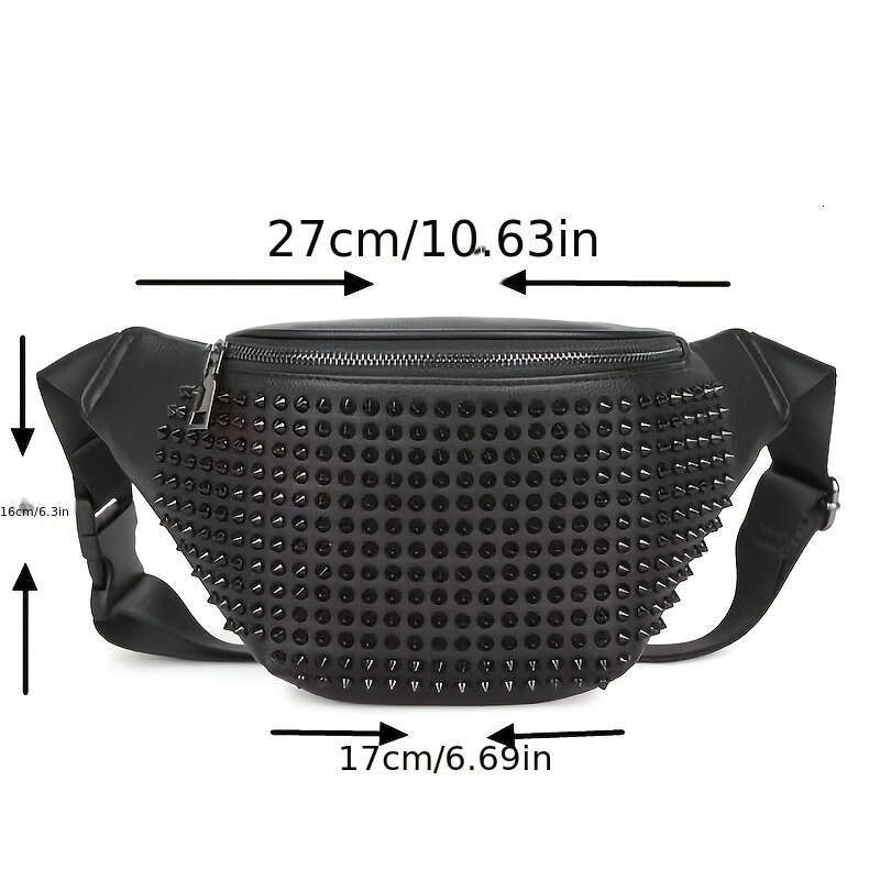 Fashion Casual Waist With Adjustable Strap, Black Rivet Detail Chest Bag For Going Out, Zipper Closure, Polyester Lined