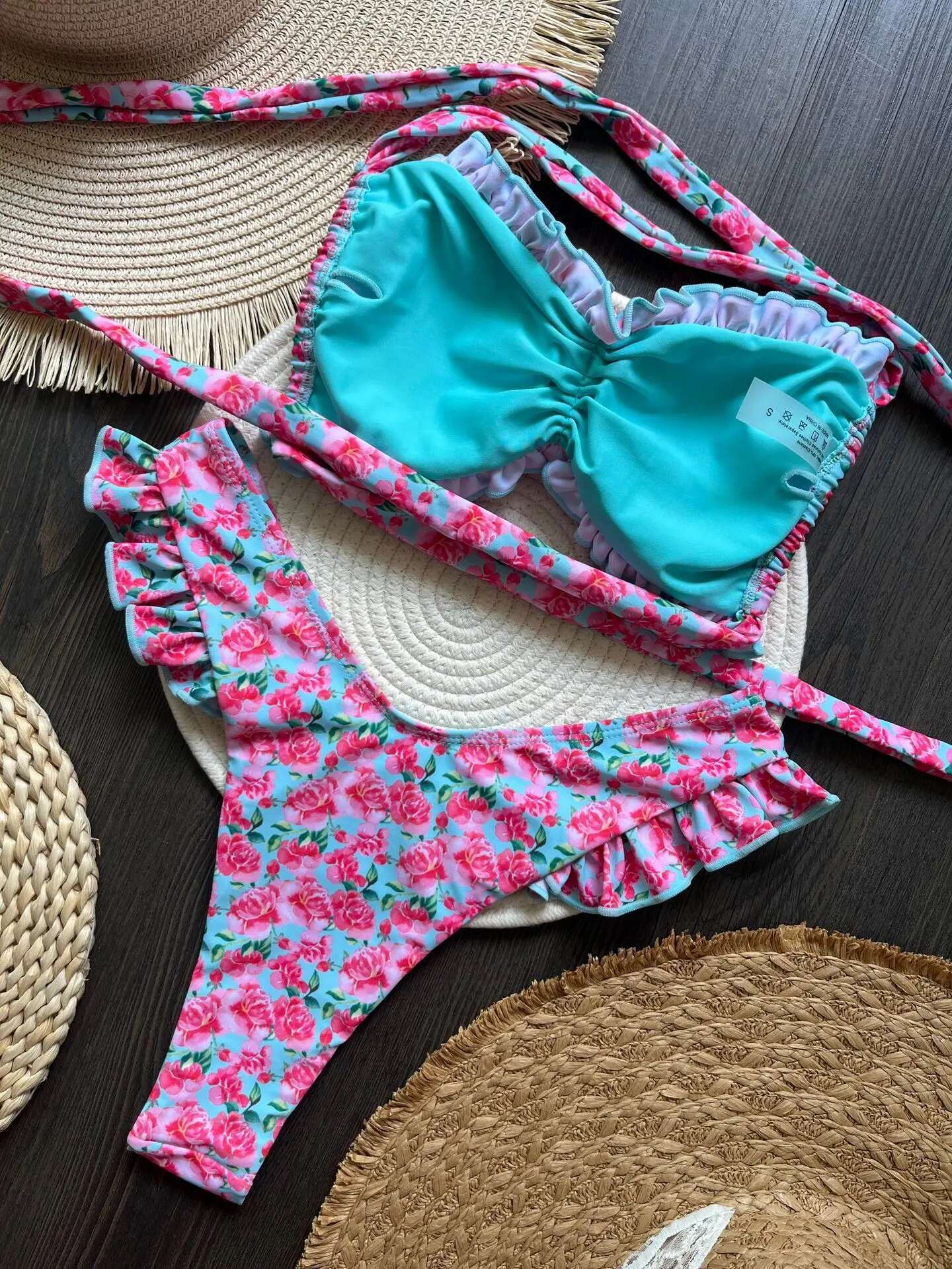Dongdumaoyi Sexy Pleate Ruffles Bikini Set Women Brazilian Bandeau Pink Floral Print Thong Swimsuit Beach Bathing Suit Micro Swimwear