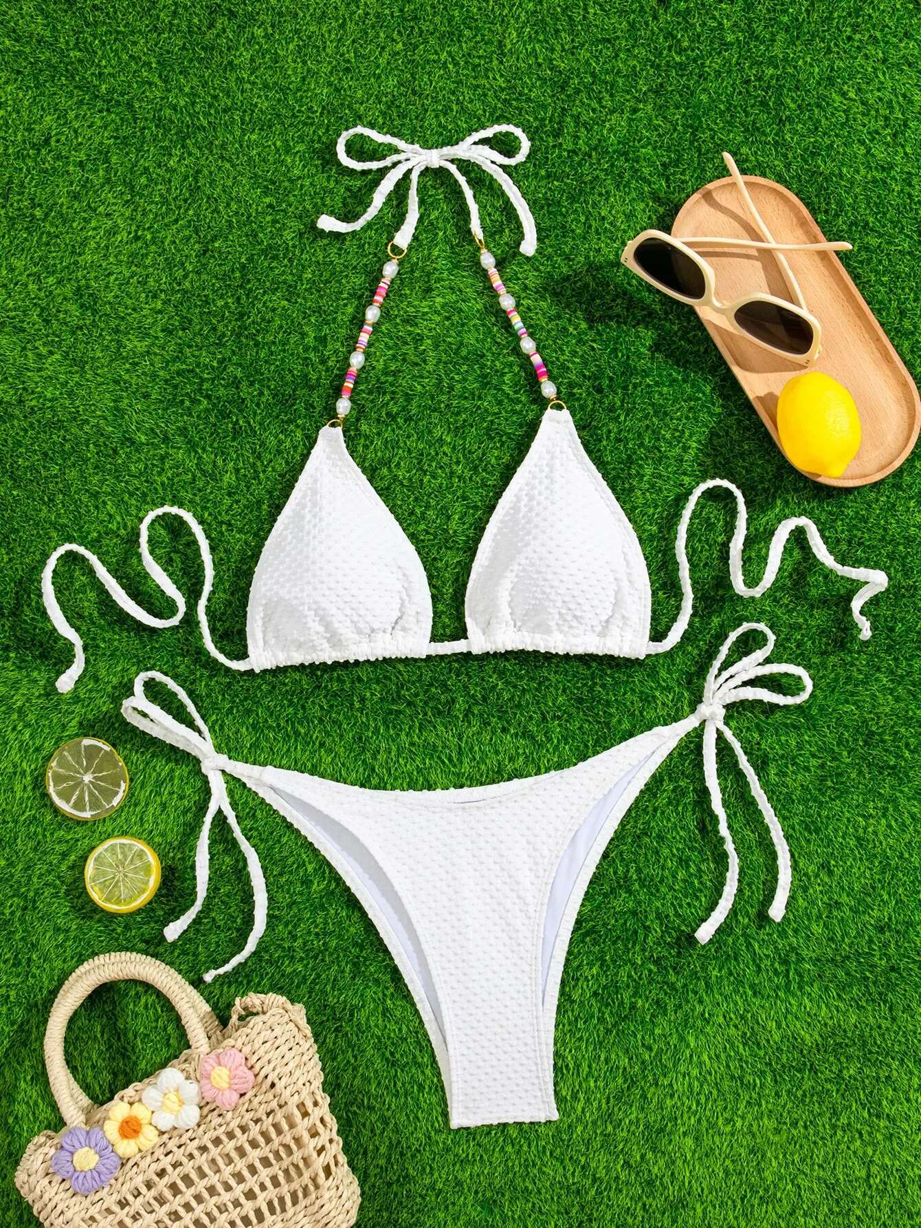 Dongdumaoyi Sexy Micro Bikini Women White Pearls Strap Push Up Padded Bra Swimsuit Brazilian Beach Bathing Suit Tie Side Thong Swimwear